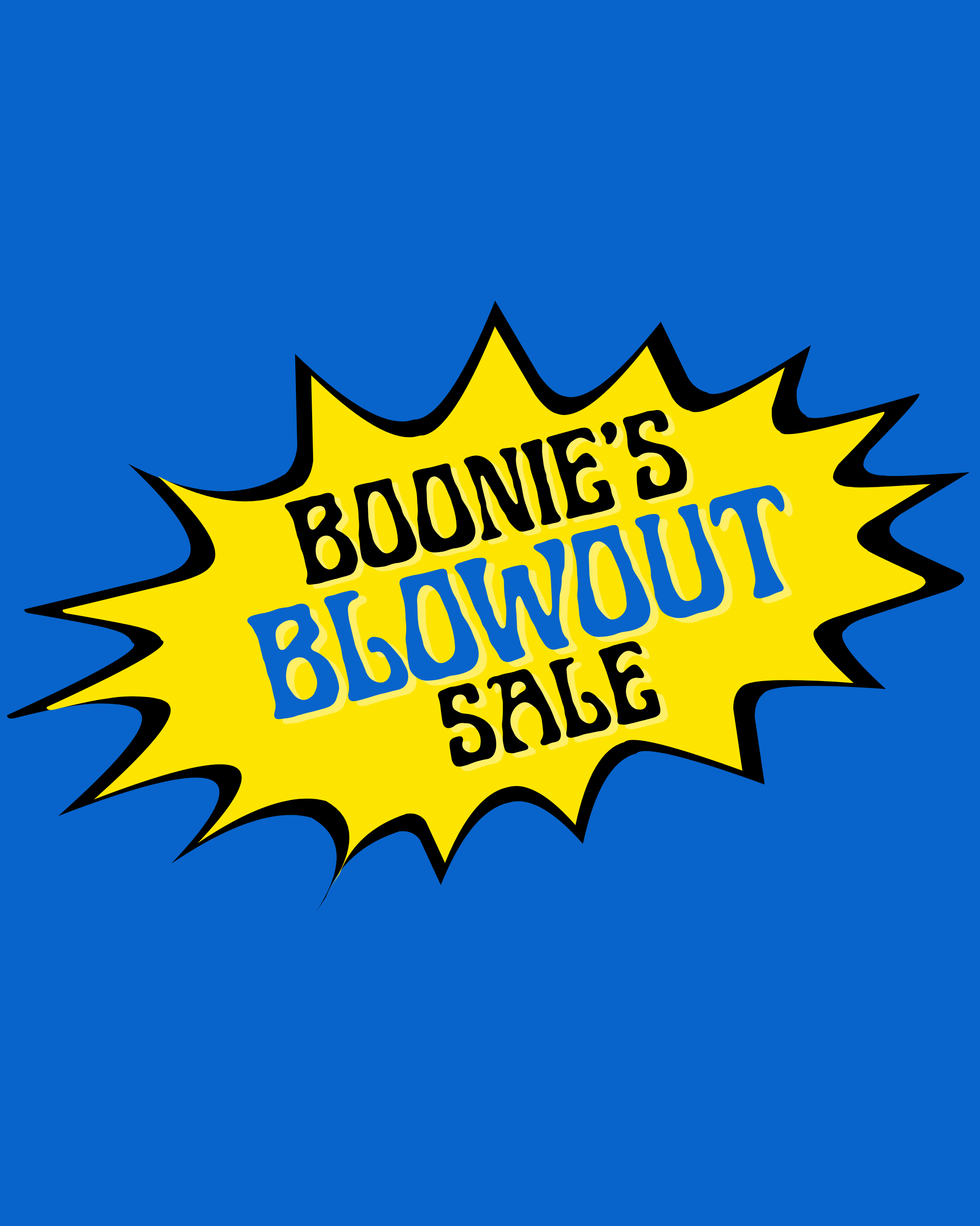 Promotional graphic with 'Boonie's Blowout Sale' text on a blue background